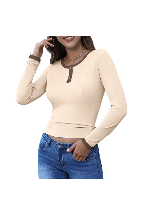 Women’s Long Sleeve Henley T Shirts Button Down Tops Ribbed Knit Shirts Casual Basic Tops