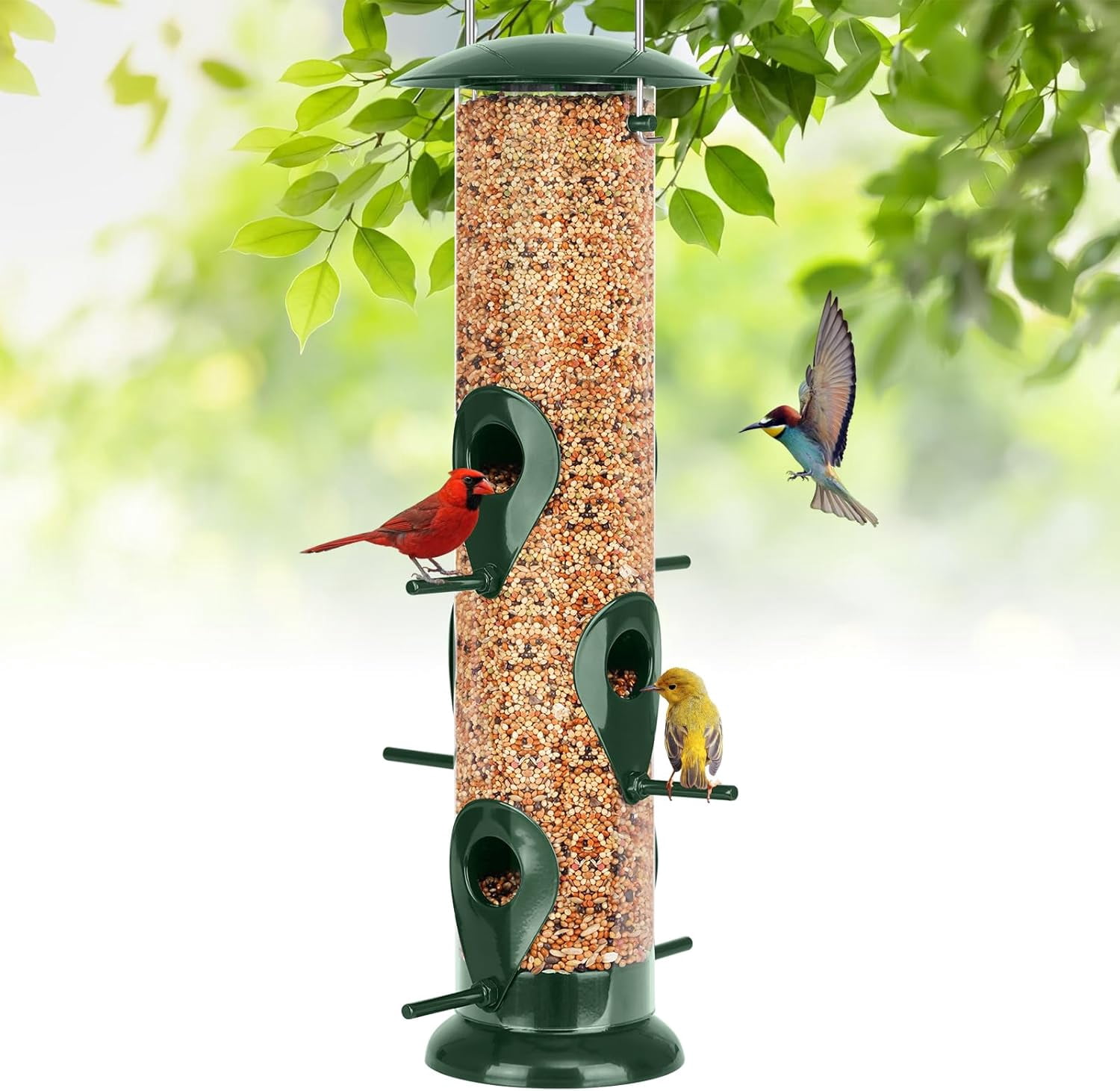 Metal Bird Feeder - 6 Port Tube for Outdoors, Heavy Duty Squirrel Proof with Lid, Easy Fill & Clean, Weather Resistant, 13 Inch