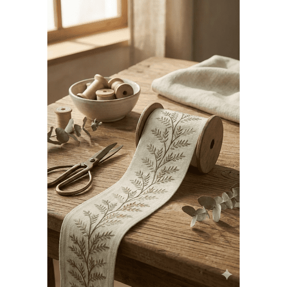 FEEDBACK HOMES Leaf Vine Curtain Trim 9cm – Embroidered Botanical Border in Green or Gold Grey | Drapery Edging, Table Linen Lace, Cushion & Upholstery Tri