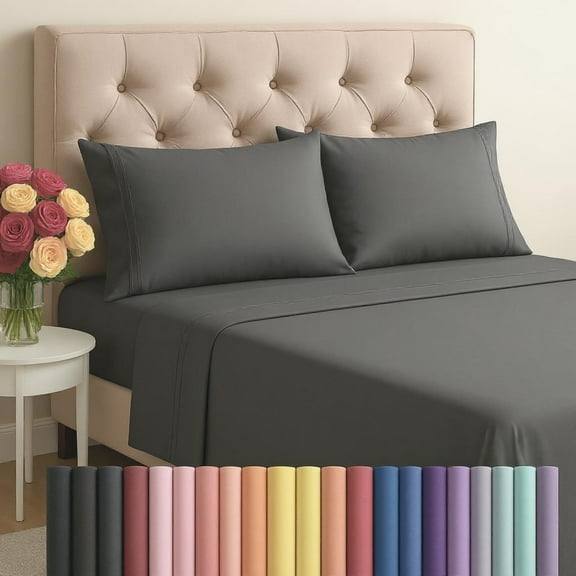 FEEKO Signature California King Size 4 Piece Microfiber Sheet Set – 3 Line Embroidery 100GSM Ultra Soft Bedding, Wrinkle-Resistant, Deep Pocket, Oeko-Tex Certified (Dark Grey)