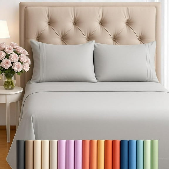 FEEKO Signature California King Size 4 Piece Microfiber Sheet Set – 3 Line Embroidery 100GSM Ultra Soft Bedding, Wrinkle-Resistant, Deep Pocket, Oeko-Tex Certified (French Grey)