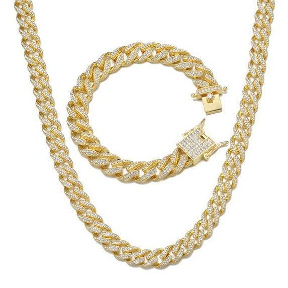 FEEL STYLE 11MM Male Zircon Streamer Cuban Chain Necklace Bracelet Set for Men Women 20"