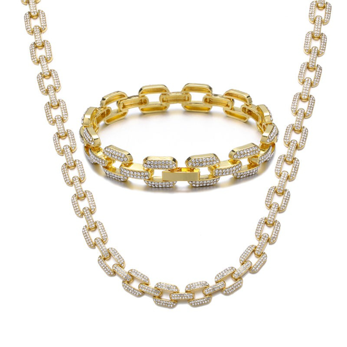 FEEL STYLE 12MM Male Zircon Gold Plated Rolo Chain Necklace Bracelet ...