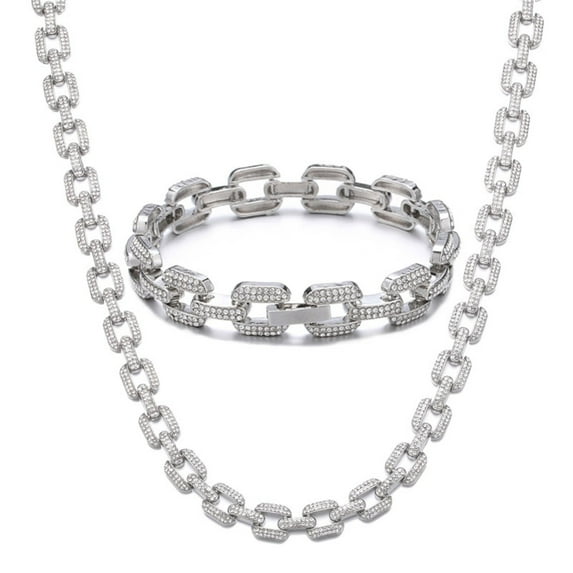 FEEL STYLE 12MM Male Zircon Silver Plated Rolo Chain Necklace Bracelet Set for Men Women 18"