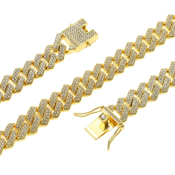 FEEL STYLE Cuban Link Chain Gold Bling Miami Cuban Necklace Diamond Chain for Men Women Iced-Out Hip Hop Jewelry(Gold,24)