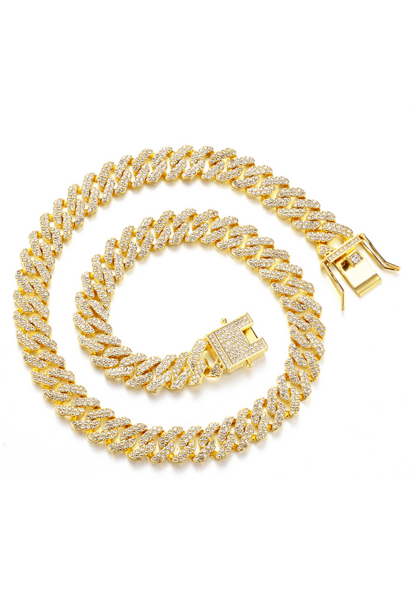 Golden Miami Cuban Link Chain Necklace For Men Golden 12mm Diamond Prong Cuban Chain Hop Jewely 24"