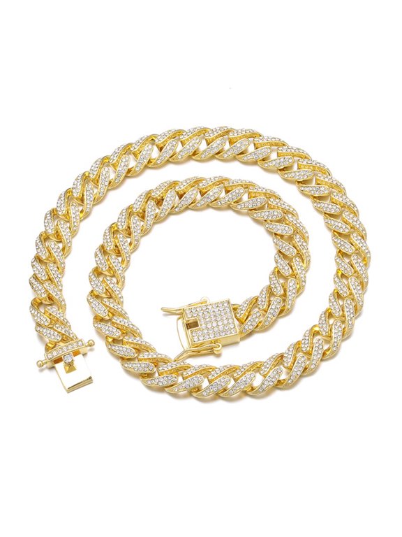 Male 11MM Zircon Gold Plated Streamer Cuban Chain Necklace for Men Women 24"