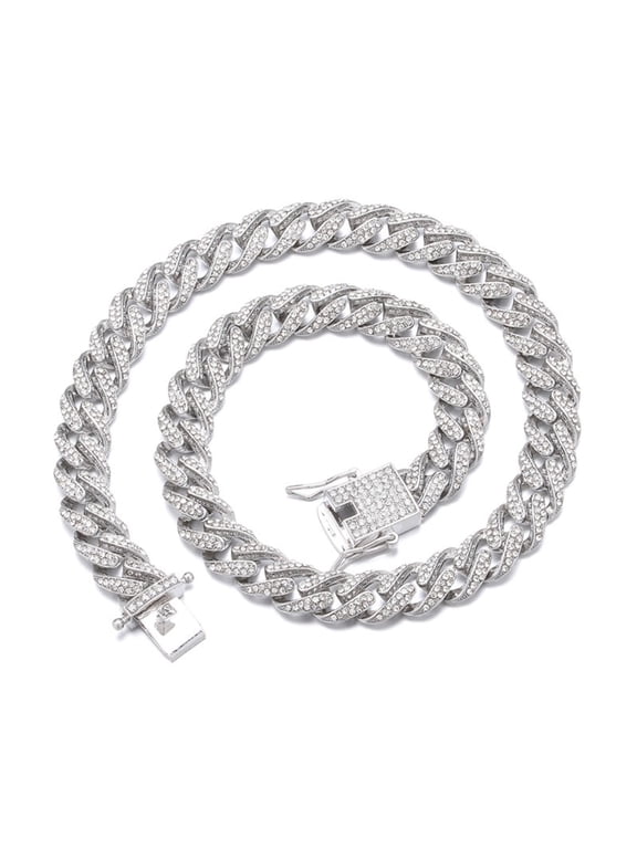 Male 11MM Zircon Silver Plated Streamer Cuban Chain Necklace for Men Women 24"