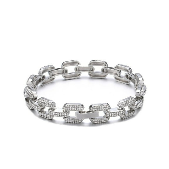FEEL STYLE Male 12MM Zircon Silver Plated Rolo Chain Hip Hop Bracelet for Men Women 8"