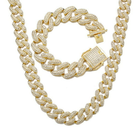 FEEL STYLE Male 19MM Zircon Fat Cuban Chain Necklace Bracelet Set for Men Teen 20"