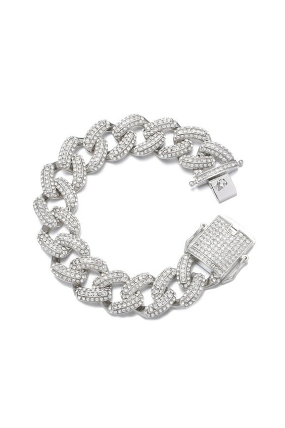 Male 19MM Zircon Silver Plated Fat Cuban Chain Bracelet for Men Teen 7"