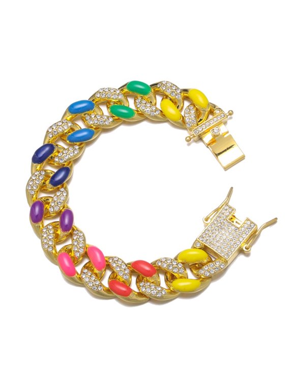 Male Color Drip Oil Zircon Cuban Chain Bracelet for Men Women 16MM 7"