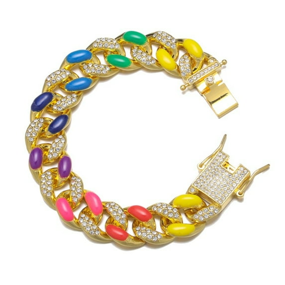 FEEL STYLE Male Color Drip Oil Zircon Cuban Chain Bracelet for Men Women 16MM 8"