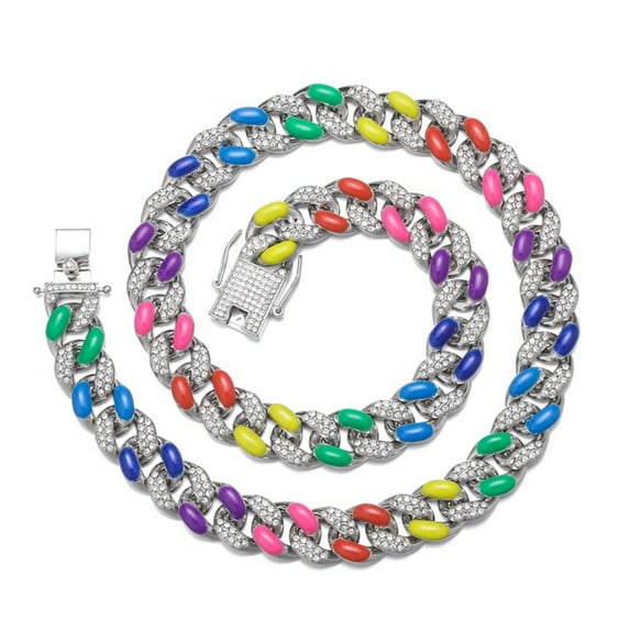 FEEL STYLE Male Color Drip Oil Zircon Cuban Chain Necklace for Men Women 16MM 18"