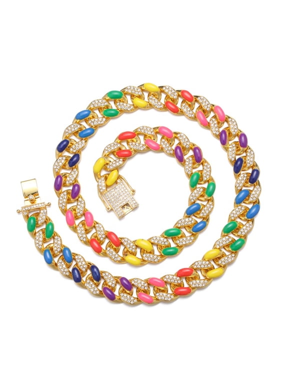 Male Color Drip Oil Zircon Cuban Chain Necklace for Men Women 16MM 18"