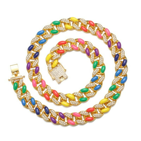 FEEL STYLE Male Color Drip Oil Zircon Cuban Chain Necklace for Men Women 16MM 24"