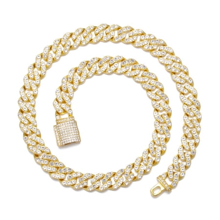 FEEL STYLE Male Gold Plated Round Zircon Cuban Chain Necklace for Men Women 11MM 18"