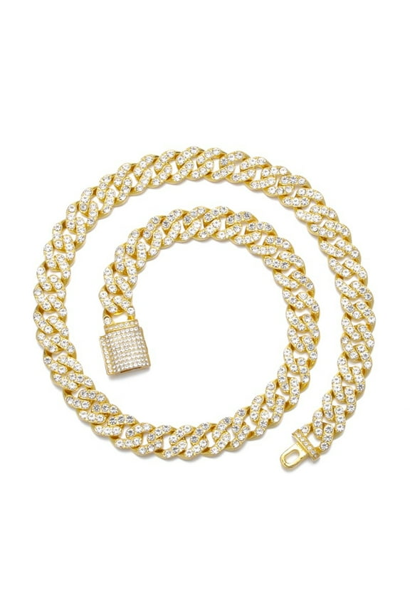 Male Gold Plated Round Zircon Cuban Chain Necklace for Men Women 11MM 18"