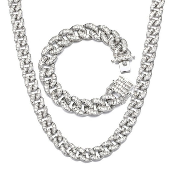 FEEL STYLE Male Lump Zircon Cuban Chain Necklace Bracelet Set for Men Teen 15MM 20"