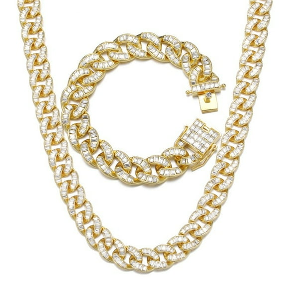 FEEL STYLE Male Lump Zircon Cuban Chain Necklace Bracelet Set for Men Teen 15MM 20"