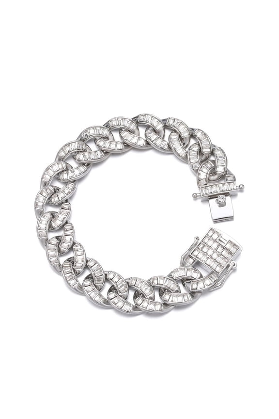 Male Lump Zircon Silver Plated Cuban Chain Bracelet for Men Teen 15MM 7"