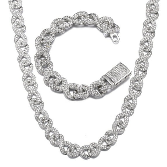 FEEL STYLE Male Zircon Ouroboros Cuban Chain Necklace Bracelet Set for Men Women 15MM 18"