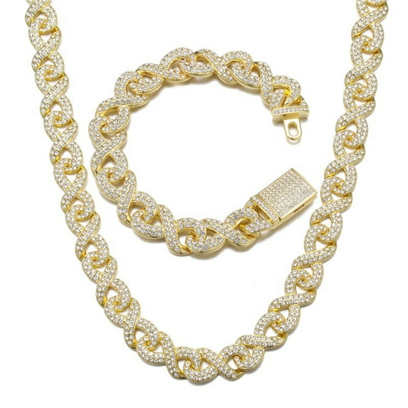 FEEL STYLE Male Zircon Ouroboros Cuban Chain Necklace Bracelet Set for Men Women 15MM 24"