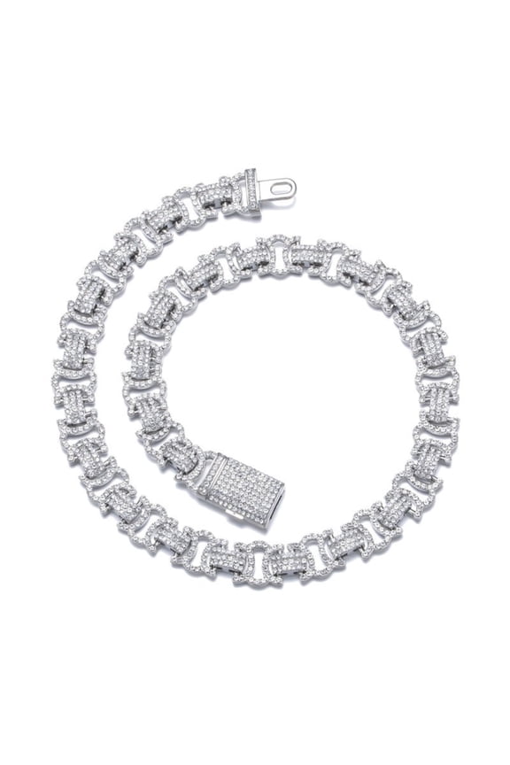 Male Zircon Silver Plated Byzantium Link Chain Necklace for Men Women 12MM 24"