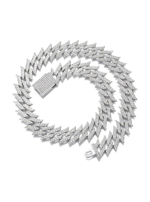 FEEL STYLE Male Zircon Silver Plated Spike Cuban Chain Necklace for Men Teen 18MM 18"