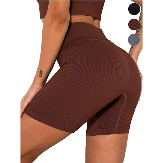 FEEL THE BURN Womens High Waist Yoga Shorts Tummy Control Running Short Pants for Exersice Jogging Workout (Brown, L)