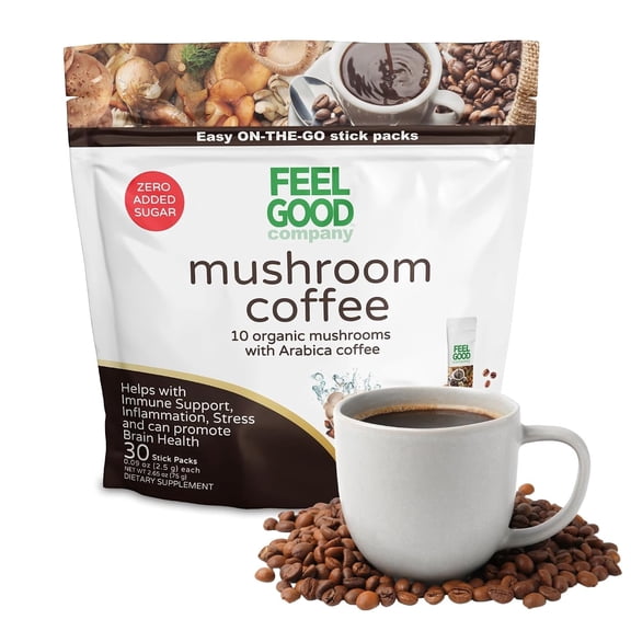 FEELGOOD Company Mushroom Coffee with 10 Organic Mushrooms and Arabica Coffee, 30 Stick Packs, Zero Added Sugar, Supports Immune Health and Brain Function
