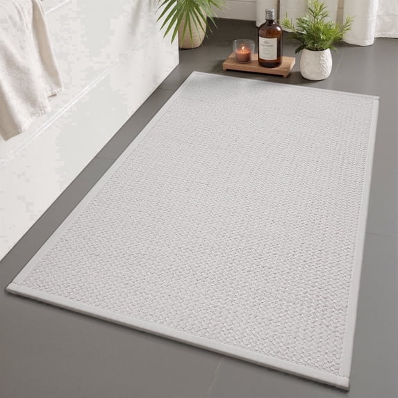 FEELHOME Bathroom Rug Non Slip Absorbent Bath Mat Woven Quick Dry Machine Washable Bathroom Mat with Rubber Backing Ultra Thin Bathroom Rugs Fit Under Door 24"x47" White