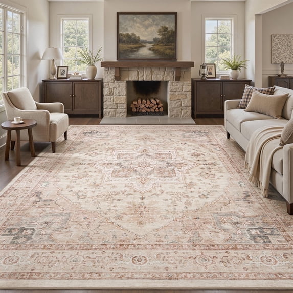 FEELHOME 4'x6' Vintage Area Rugs, Washable Rug for Living Room Bedroom Dining Room, Soft Carpet Non-Slip Indoor Rug for Home Office, Floor Rug Home Decor Beige