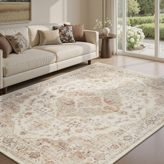 FEELHOME 4'x6' Area Rug Machine Washable Soft Vintage Distressed Non Slip Carpet for Living Room Bedroom Dining Room Taupe