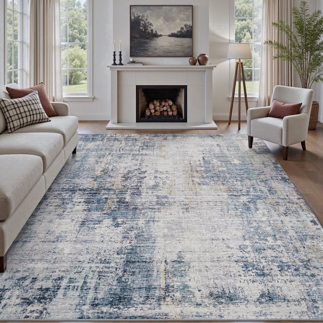 FEELHOME 5'x7' Area Rug Machine Washable Vintage Distressed Abstract Rug Non Slip Soft Carpet for Living Room Bedroom Dining Room Office Blue
