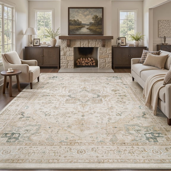 FEELHOME 5'x7' Vintage Area Rugs, Washable Rug for Living Room Bedroom Dining Room, Soft Carpet Non-Slip Indoor Rug for Home Office, Floor Rug Home Decor Beige