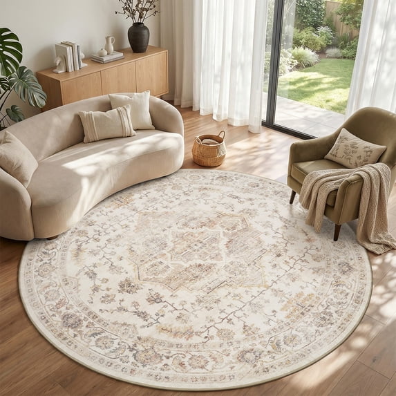 FEELHOME 8'x8' Round Area Rug Machine Washable Vintage Distressed Soft Non Slip Carpet for Living Room Bedroom Dining Room Taupe