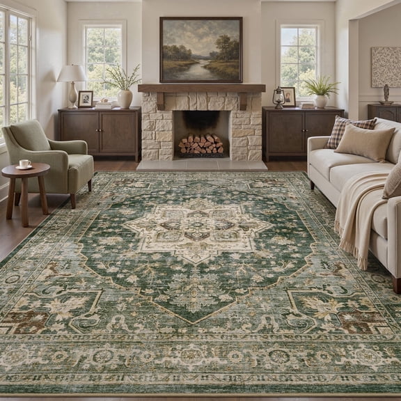 FEELHOME 8'x10' Rugs for Living Room, Washable Vintage Area Rug for Bedroom Dining Room, Soft Non-Slip Carpet Indoor Floor Rug for Office Home Decor, Green