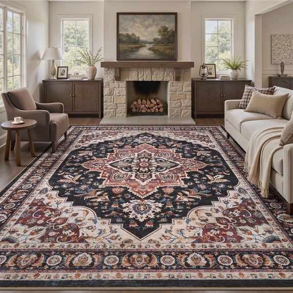 FEELHOME 8'x10' Rugs for Living Room, Washable Traditional Area Rug for Bedroom Dining Room, Soft Non-Slip Carpet Indoor Floor Rug for Office Home Decor Red