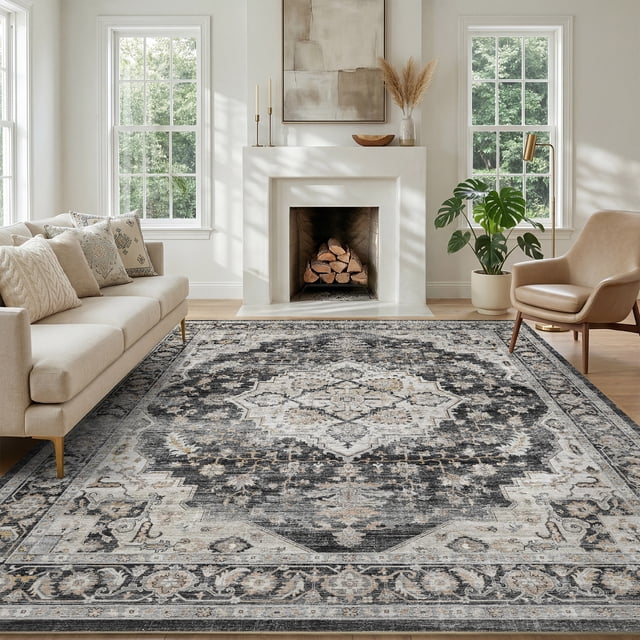 FEELHOME 8'x10' Area Rug Machine Washable Soft Vintage Distressed Non Slip Carpet for Living Room Bedroom Dining Room Black