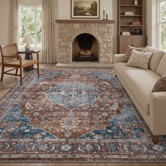 FEELHOME 8'x10' Area Rug Machine Washable Soft Vintage Distressed Non Slip Carpet for Living Room Bedroom Dining Room Red