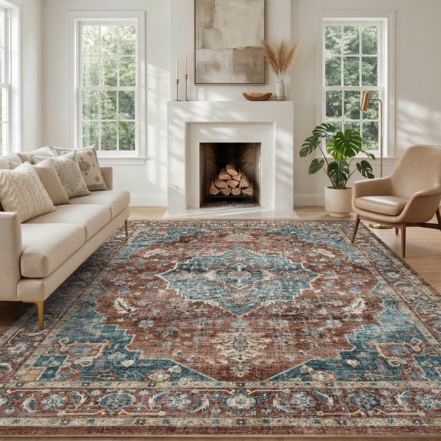 FEELHOME 9'x12' Area Rug Machine Washable Soft Vintage Distressed Non Slip Carpet for Living Room Bedroom Dining Room Red