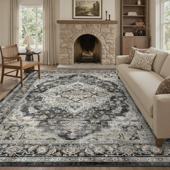 FEELHOME 9'x12' Area Rug for Living Room Washable Carpet Soft Distressed Traditional Non Slip Vintage Medallion Indoor Rugs for Bedroom Kitchen Dinning Room Office Black Gray
