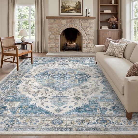 FEELHOME 9'x12' Area Rug Machine Washable Soft Vintage Distressed Non Slip Carpet for Living Room Bedroom Dining Room Light Blue