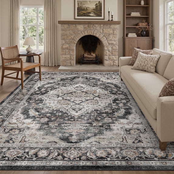 FEELHOME 9'x12' Area Rug Machine Washable Soft Vintage Distressed Non Slip Carpet for Living Room Bedroom Dining Room Black