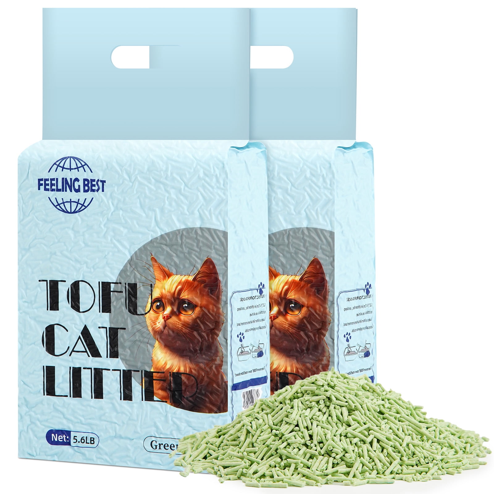 FEELING BEST Tofu Cat Litter 11.2 LB(5.6 LB*2 Green Tea) Clumping, 100% Natural, Clumping, Flush able,Ultra Absorbent and Fast Drying,Solubility in Water,Really Dust-Free,Less Scattering