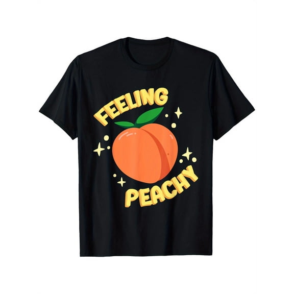 "FEELING PEACHY" Graphic Print Unisex T-Shirt - 100% Cotton, Loose Fit, Short Sleeve, Black with Vibrant Peach Design, Perfect for Casual Wear & Sports, All-Season Comfort