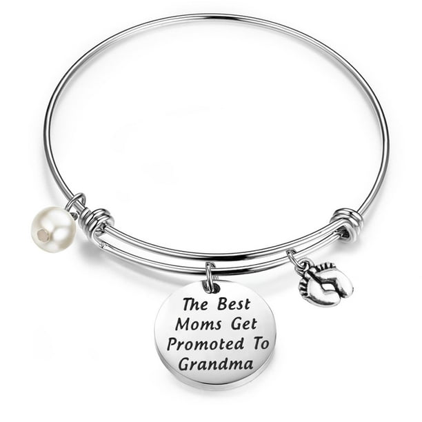FEELMEM New Grandma Gift The Best Moms Get Promoted to Grandma Bangle Bracelet with Baby Footprint Charm Silver