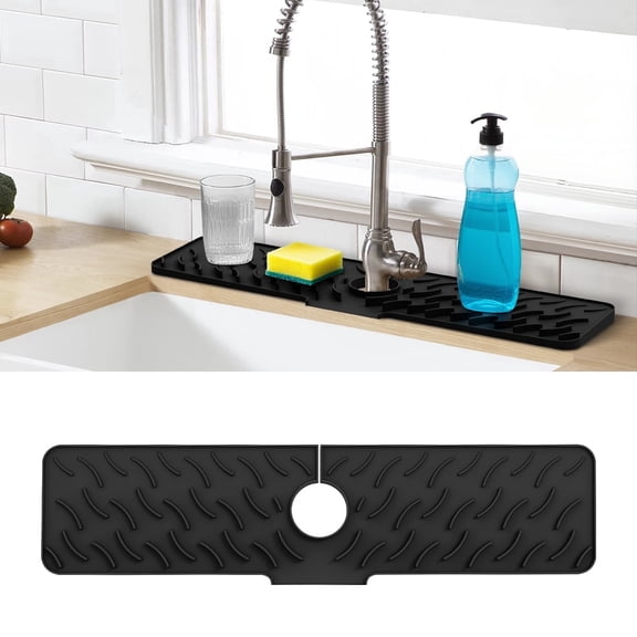 FEELSO 24" Silicone Faucet Mat for Kitchen Sink, Splash Guard Slip Drain Pad Drip Catcher Tray, Black