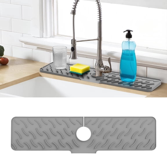 FEELSO 24" Silicone Faucet Mat for Kitchen Sink, Splash Guard Slip Drain Pad Drip Catcher Tray, Gray